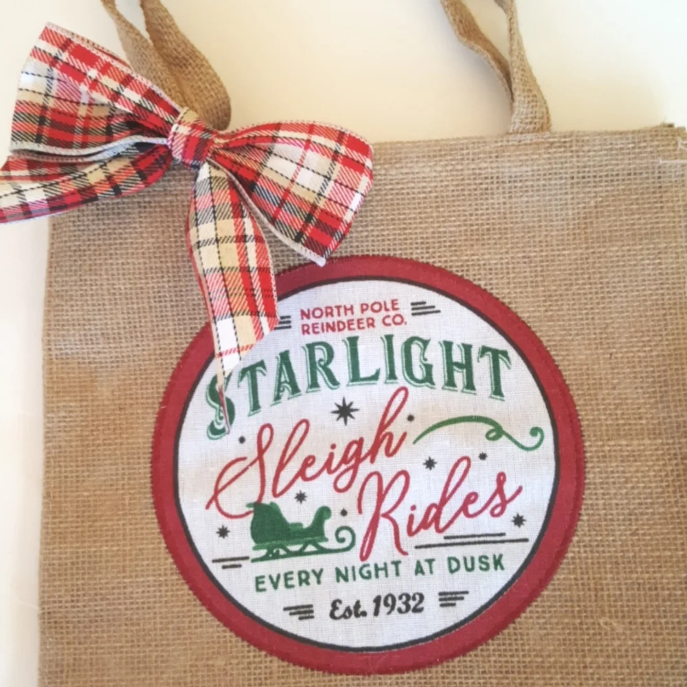 Jute Red Plaid Shopping Tote Bag Christmas Country Rustic Cabin Retro